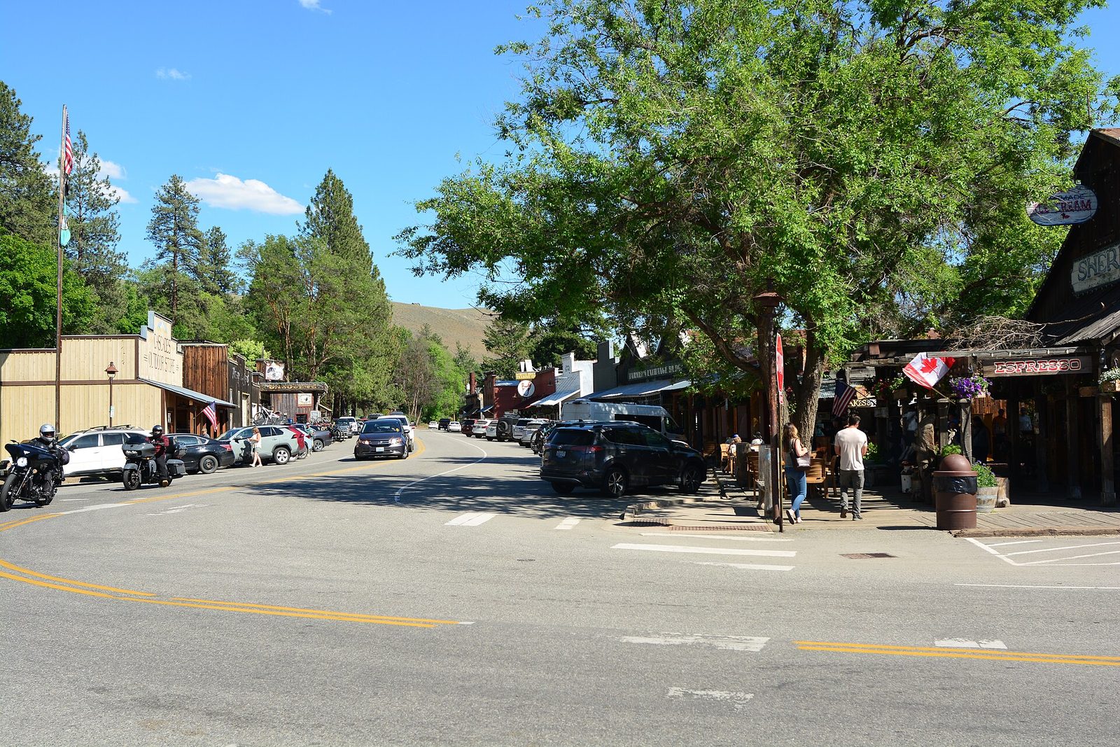 False-front buildings and boardwalks along Riverside Avenue in downtown Winthrop